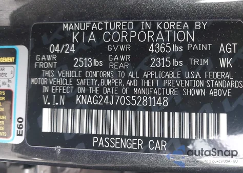 2025 Kia K5 Lxs from USA, damaged, VIN KNAG24J70S5281148